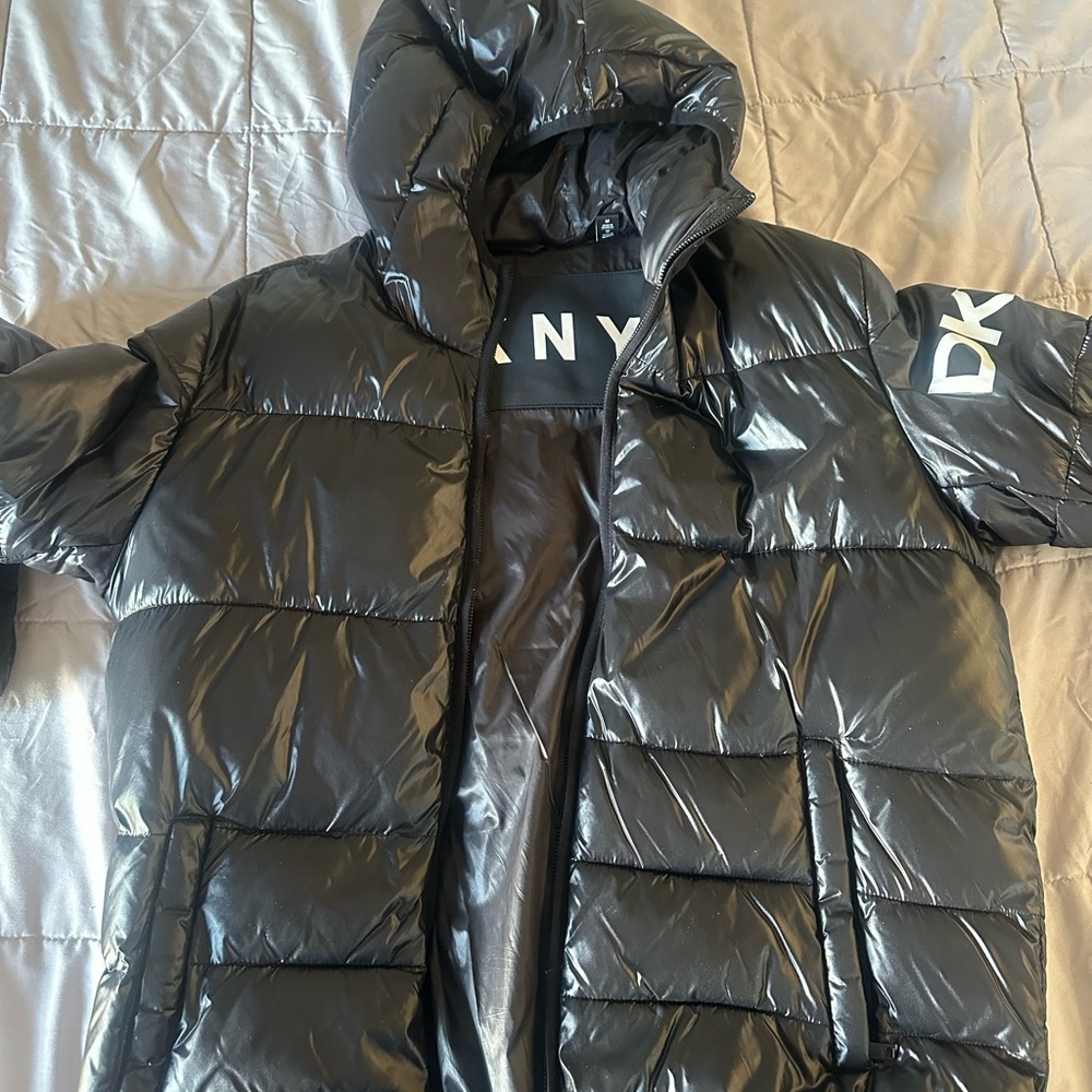 DKNY Black Puffer Jacket with Glossy Finish